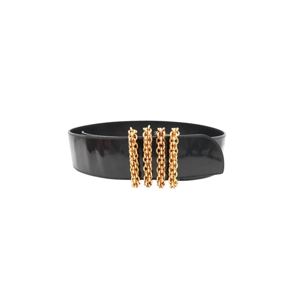 Vintage Paloma Picasso Black Patent Leather Belt with Chunky Gold Hardware